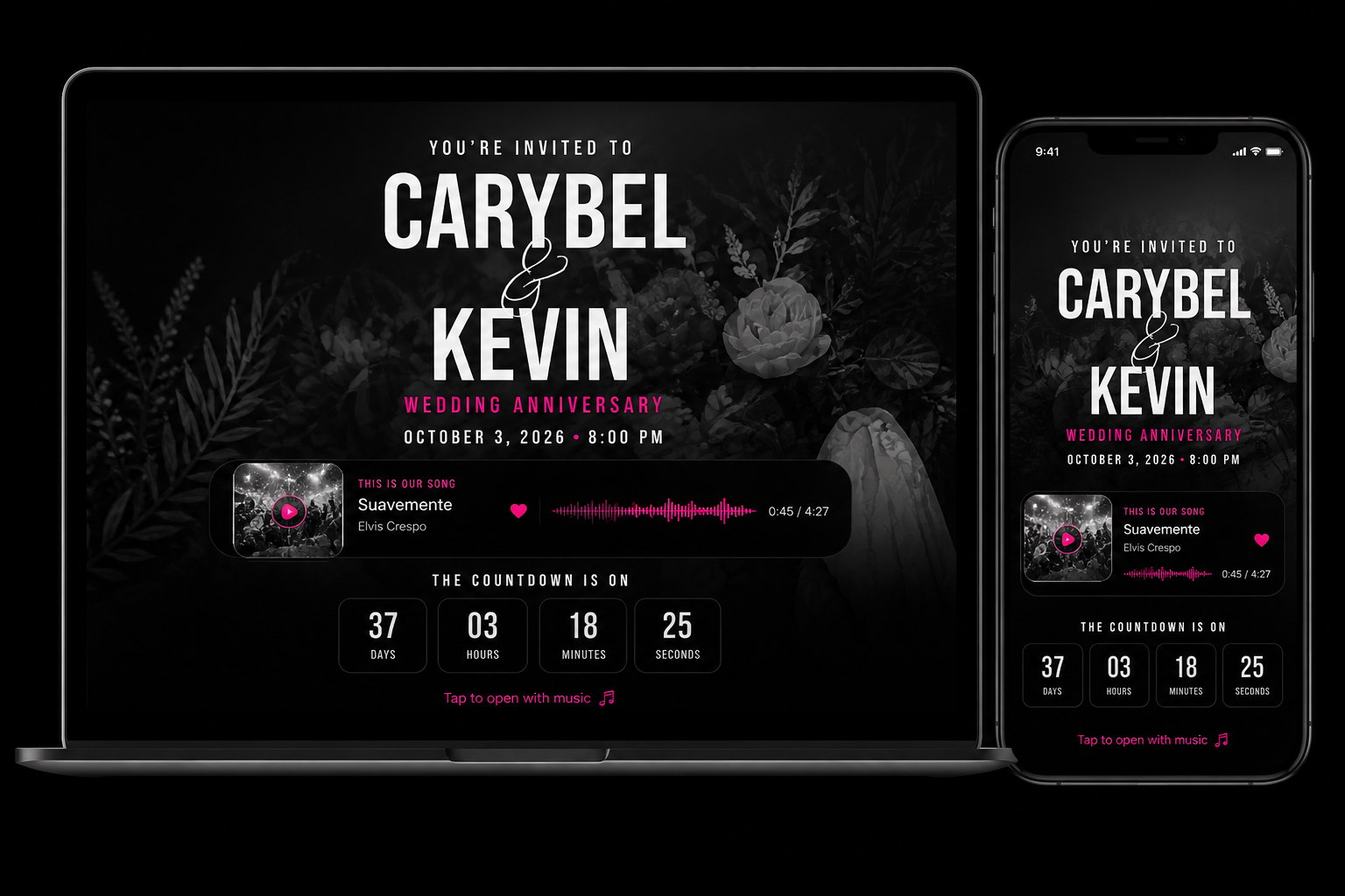Digital RSVP music experience preview showing invitation music, guest song choices and party vibe