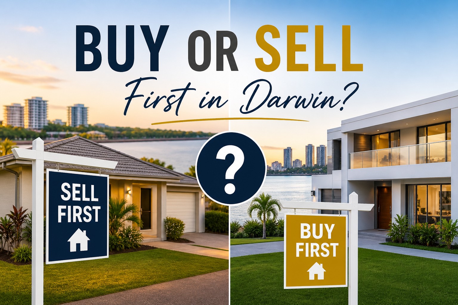 Buy or sell first in Darwin real estate with Sell First and Buy First signs on modern homes near waterfront