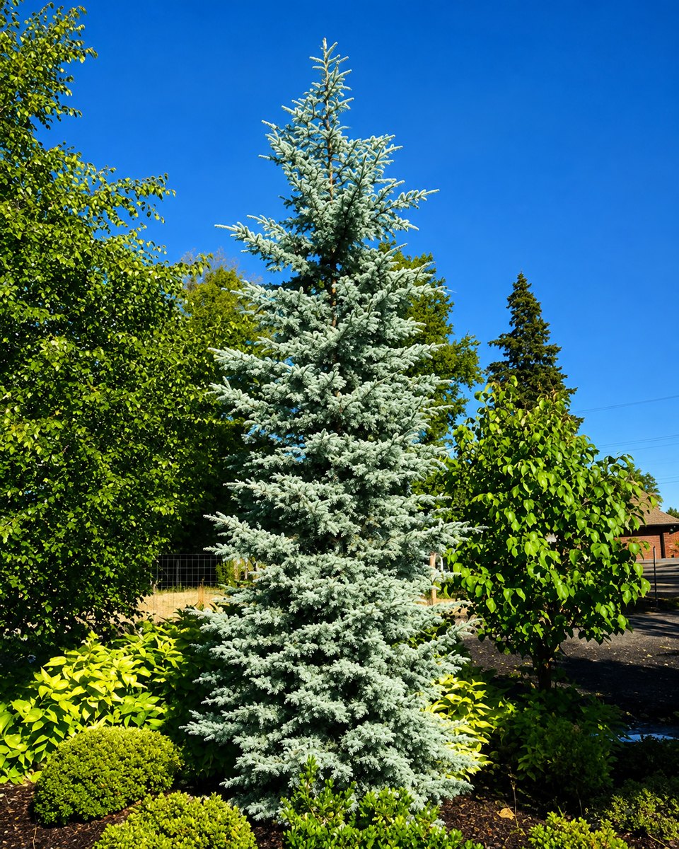 A mature Crystal Frost Arizona Cypress, its silver-blue conical form rising above a mixed border