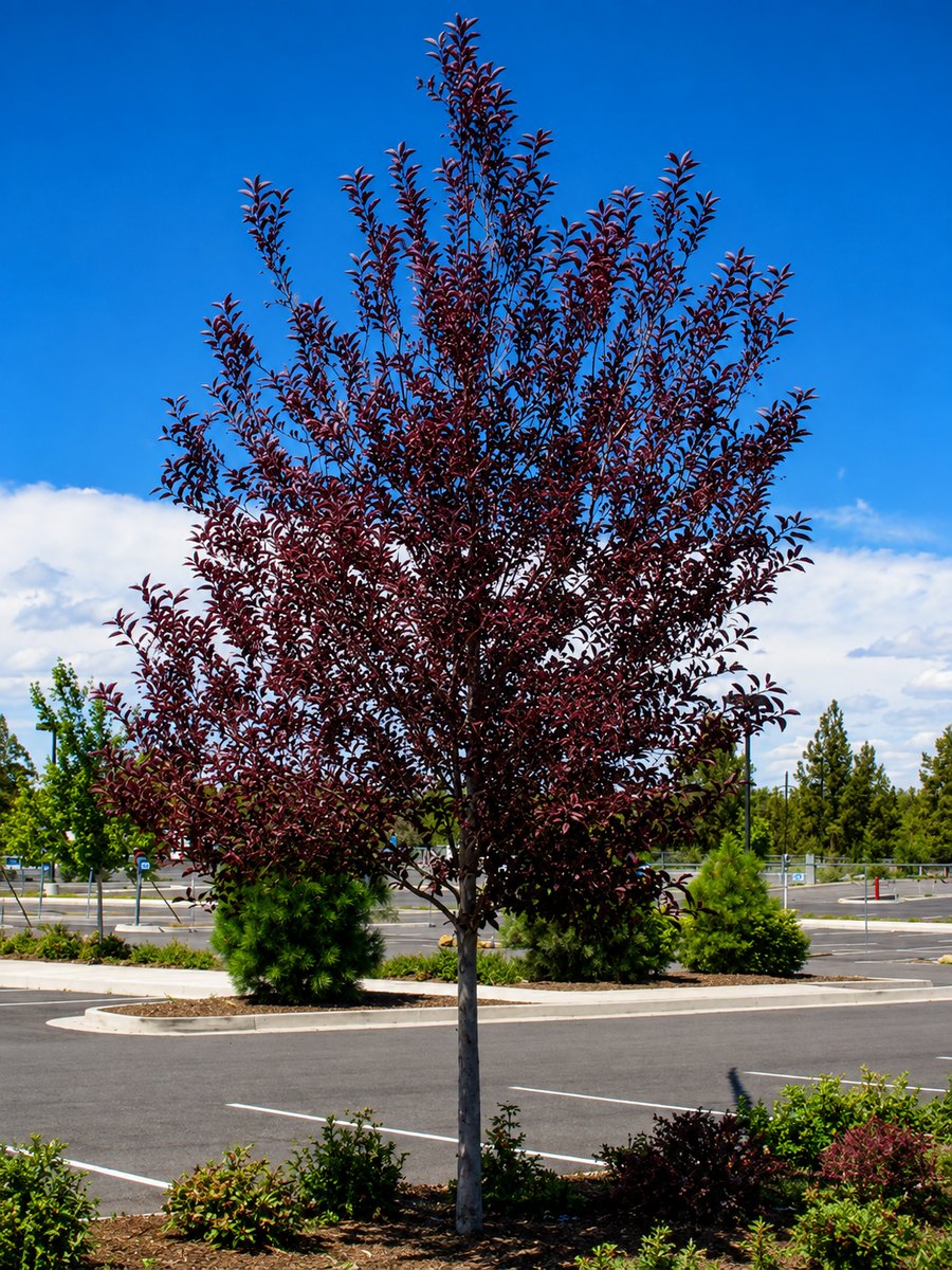 A mature Canada Red Improved Chokecherry, its full canopy of deep purple-red foliage against a blue sky