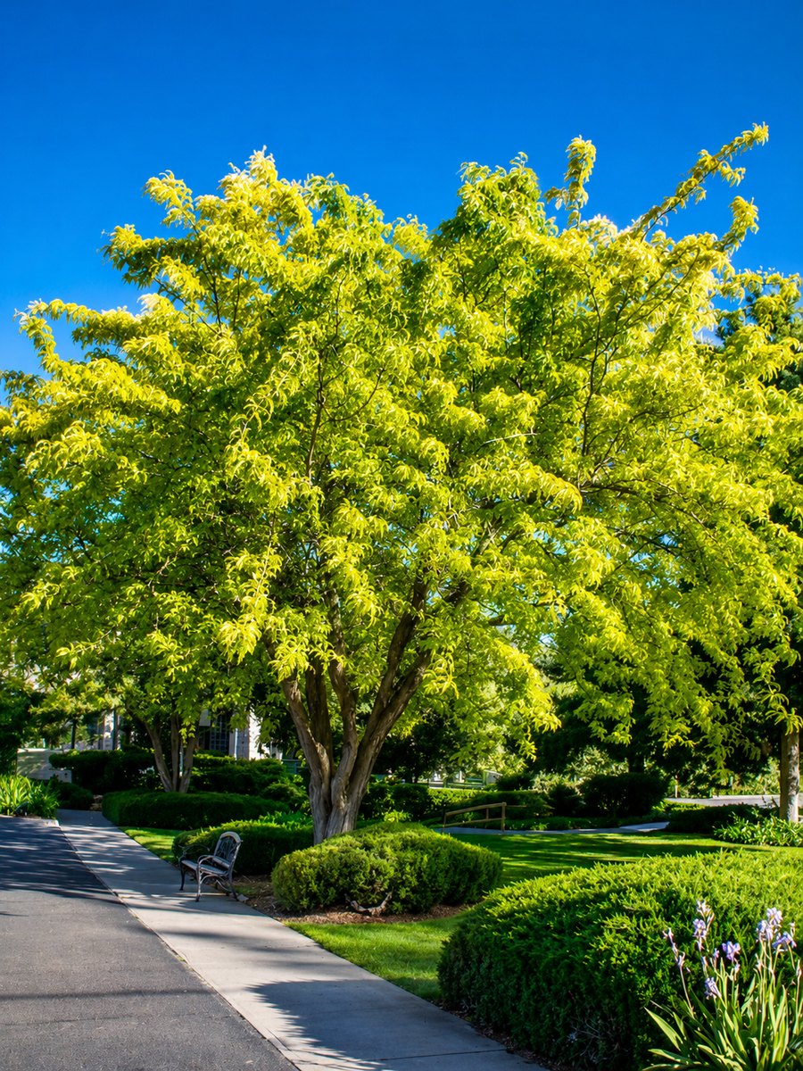 A mature multi-trunk Sunburst Honeylocust with a broad golden-green canopy beside a garden walkway