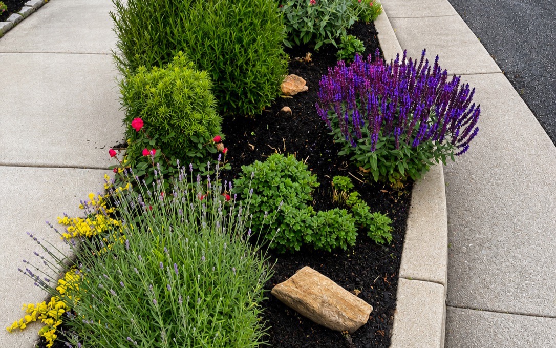 A flipped Utah park strip between the sidewalk and the curb, planted with lavender, purple salvia, and other low-water perennials over dark mulch with a stone accent