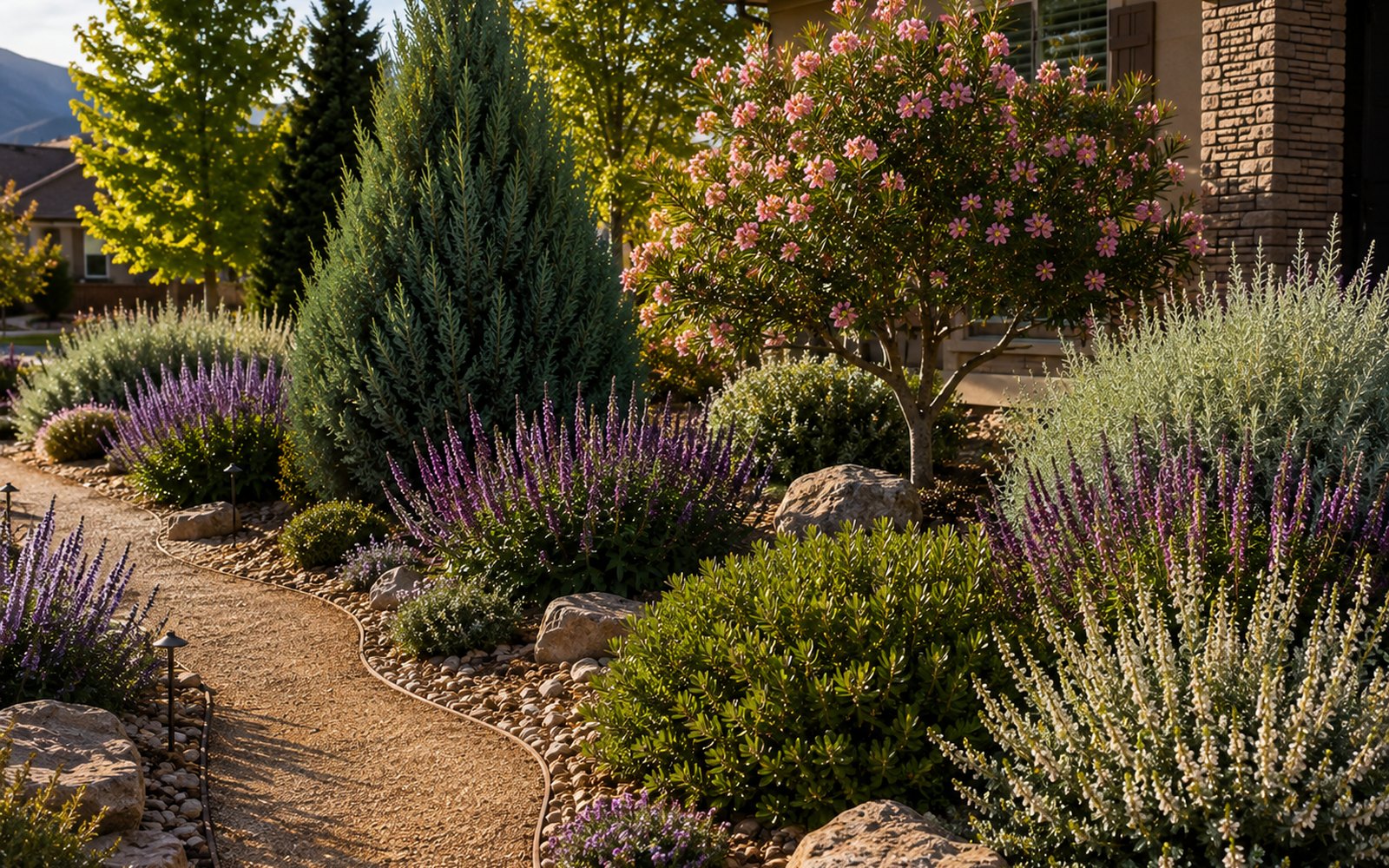 A water-wise Utah front yard: a decomposed-granite path winding past boulders, purple salvia, silver-leaved shrubs, a columnar evergreen and a small flowering tree, with the mountains behind