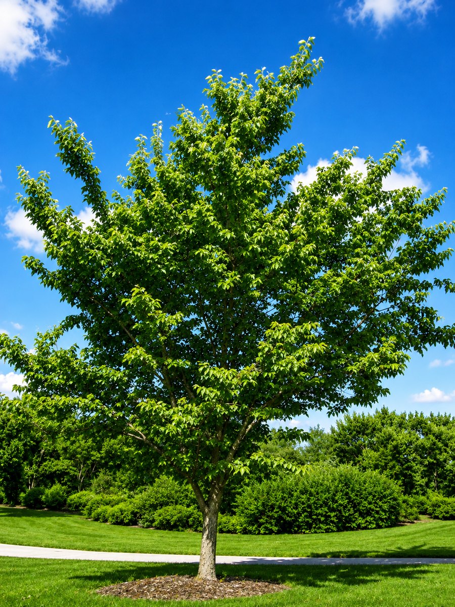 A mature Western Hackberry with a broad, spreading green canopy shading a lawn
