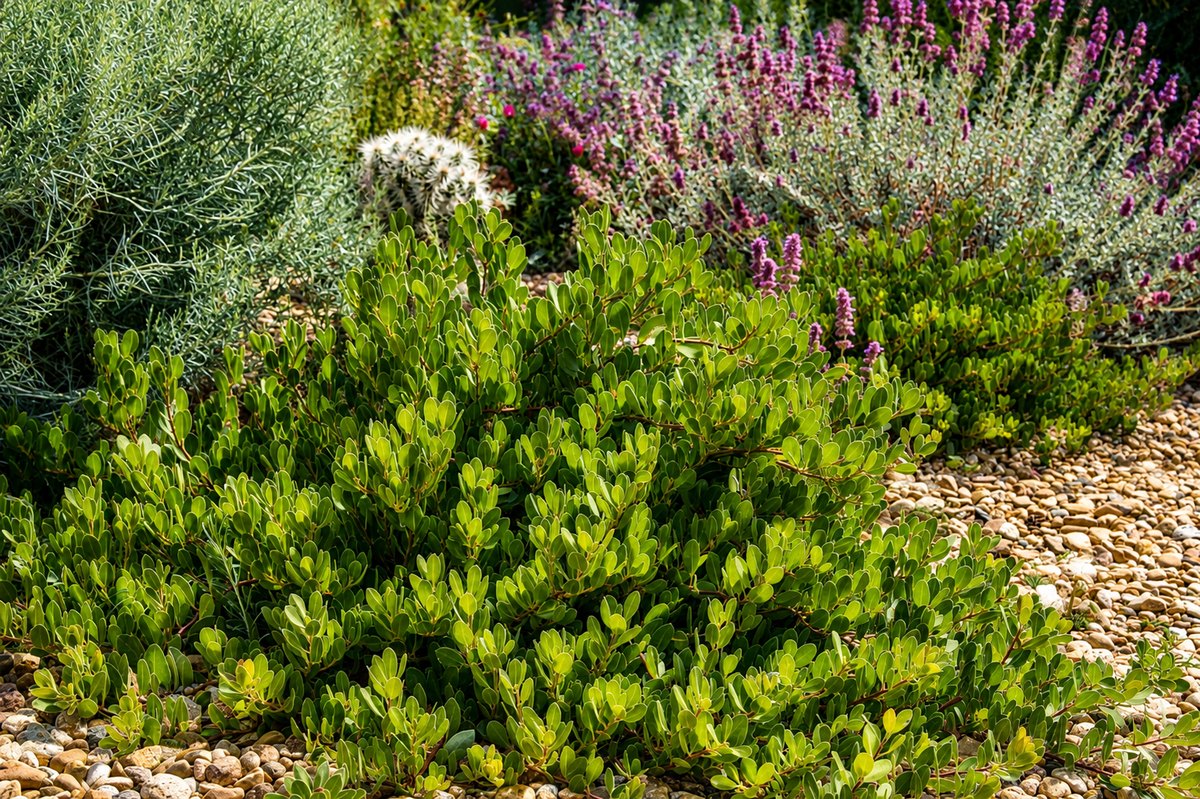 Panchito Manzanita forming a low green mound in a gravel rock garden beside flowering perennials