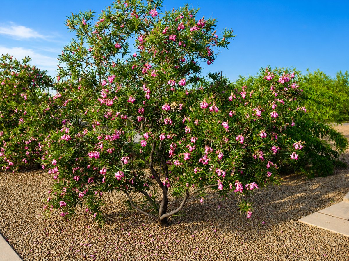 A mature Art’s Seedless Desert Willow covered in pink trumpet blooms in a gravel landscape
