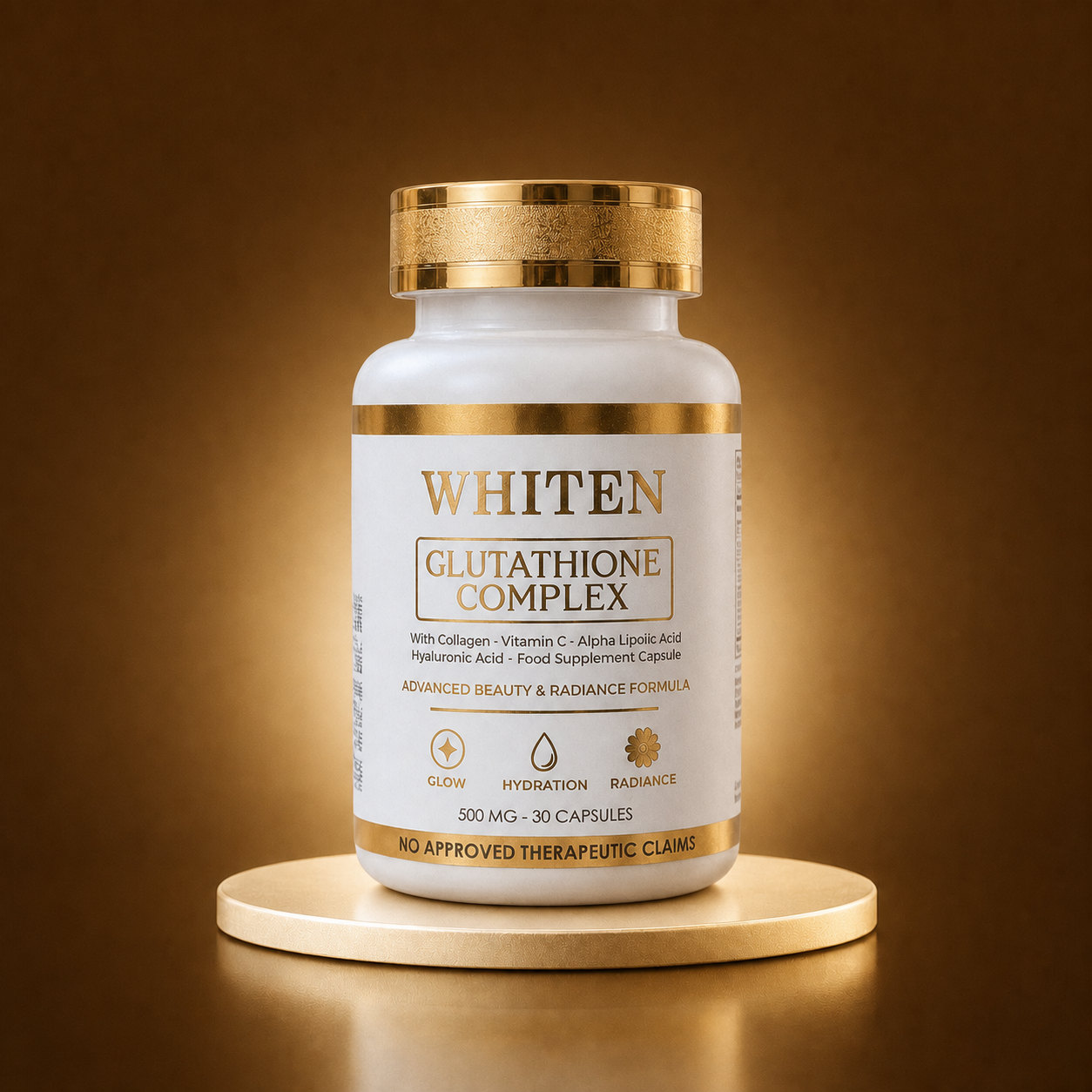 Whiten Glutathione Complex bottle on a gold pedestal