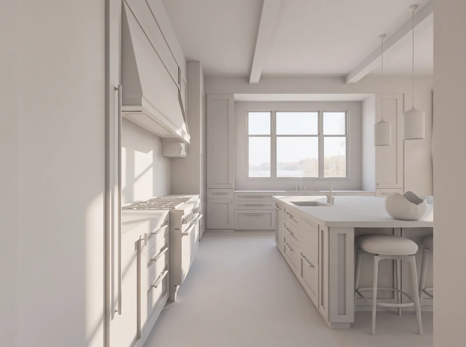 A kitchen as a 3D clay model: massing, light and flow before a single finish