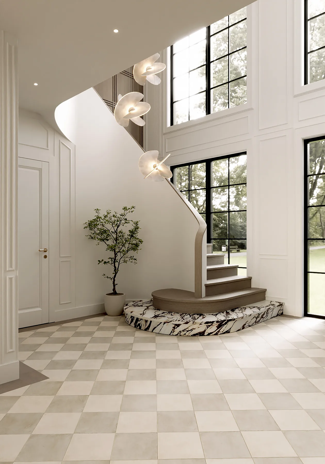 Entry staircase of a Prestige home in design, rendered in 3D: a curved stair on a stone base, checkerboard floor, pendant lights