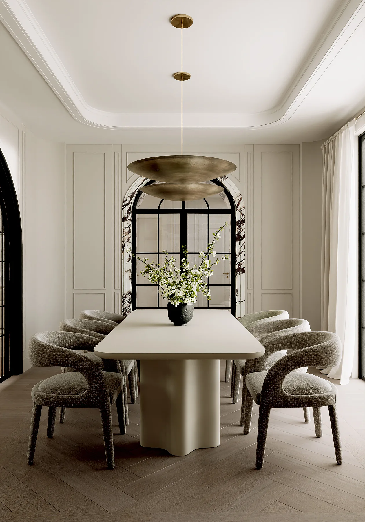 Dining room render with every finish placed: sculpted stone table, curved chairs, brass pendant, arched window