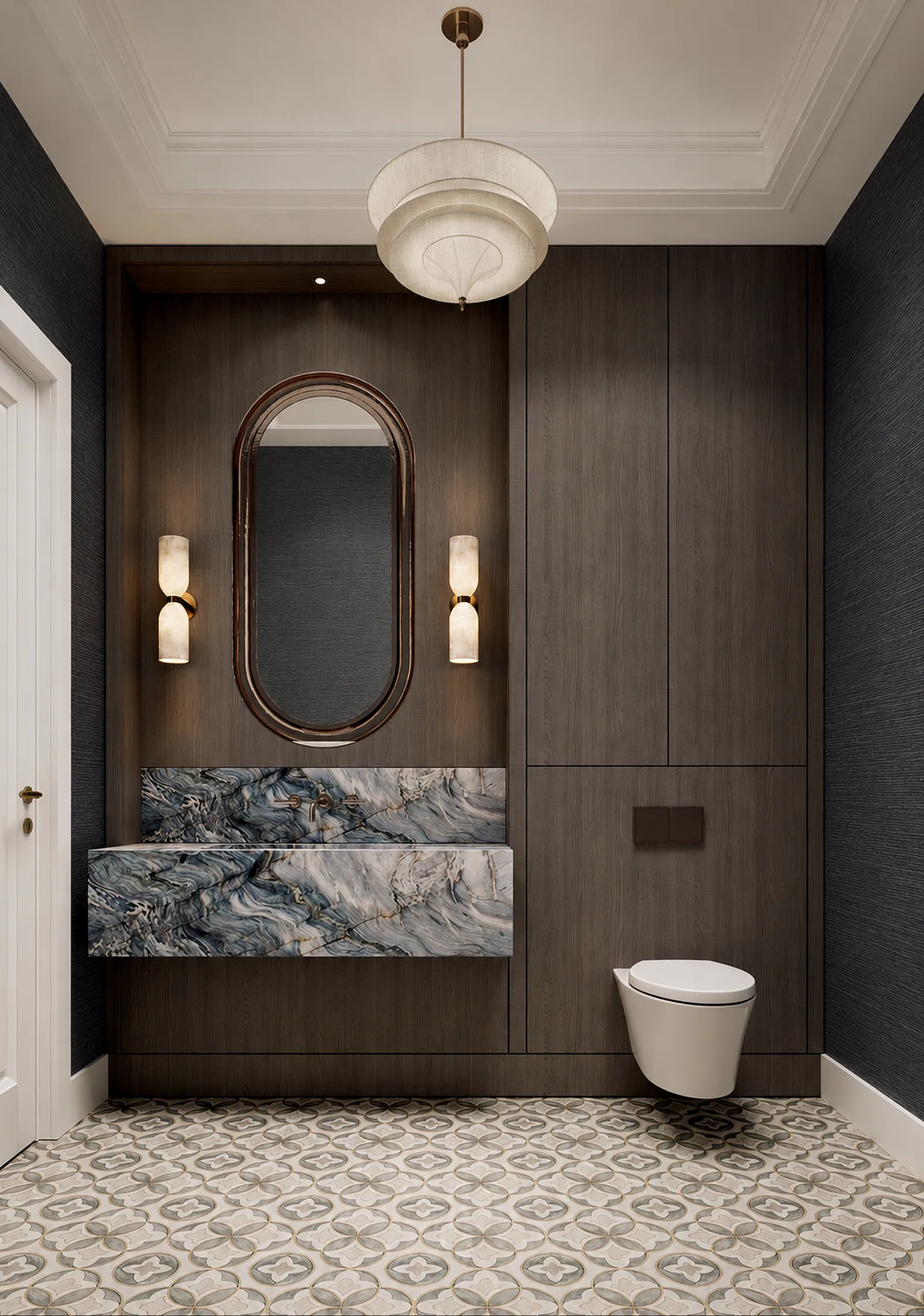 Powder room render: fluted stone basin, brass fittings and a framed mirror