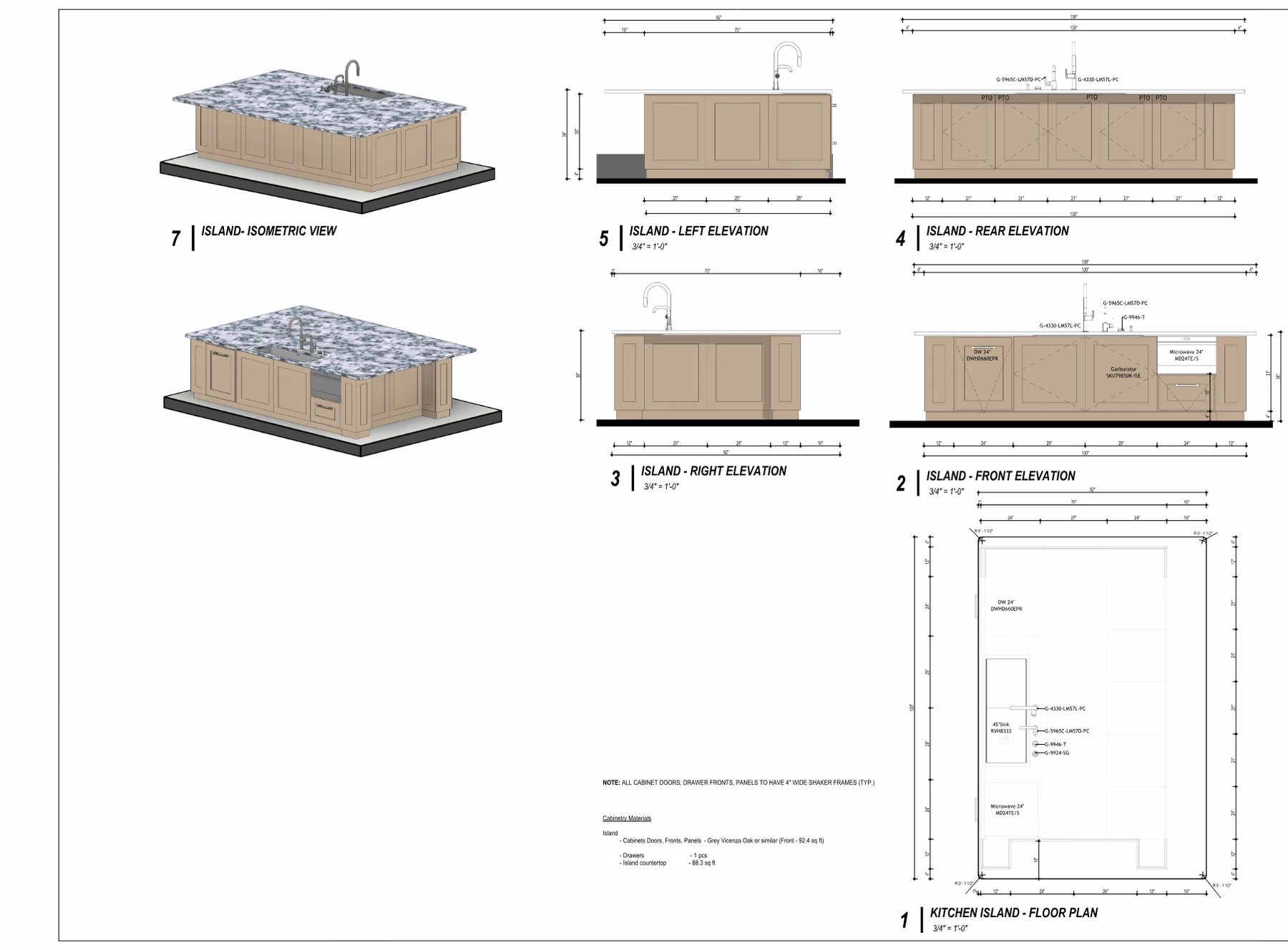 Shop drawings for the kitchen island: left, right, front and rear elevations with dimensions