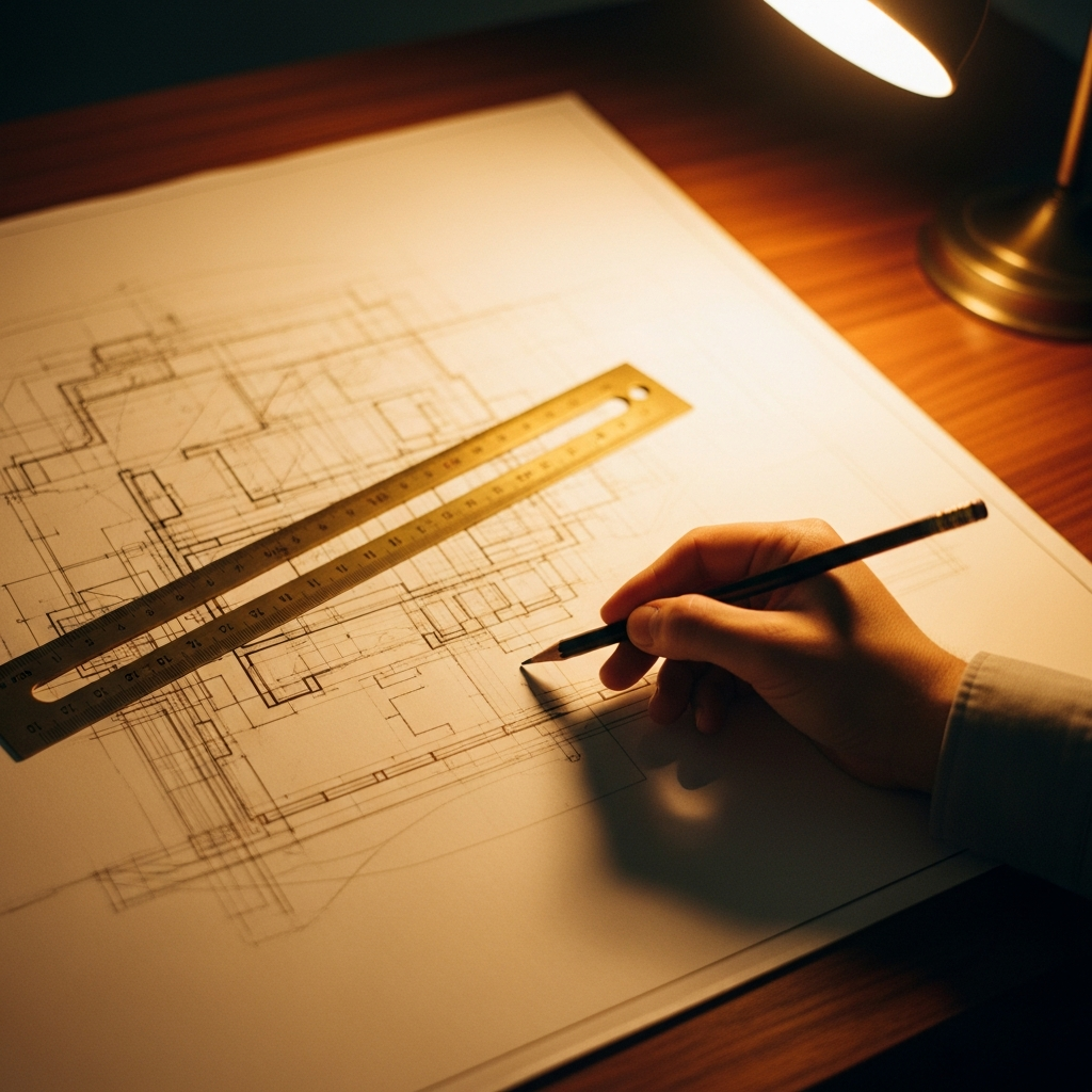 A hand drafting a floor plan in pencil with a steel ruler under a desk lamp
