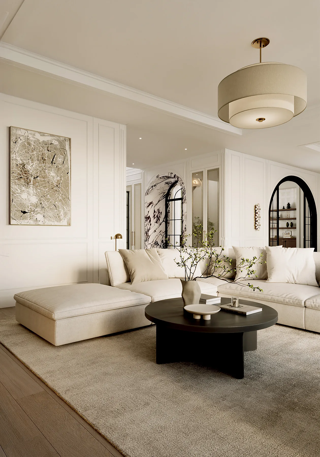Living room render for a Prestige project: cream sectional, dark stone coffee table, fireplace wall and an arched doorway