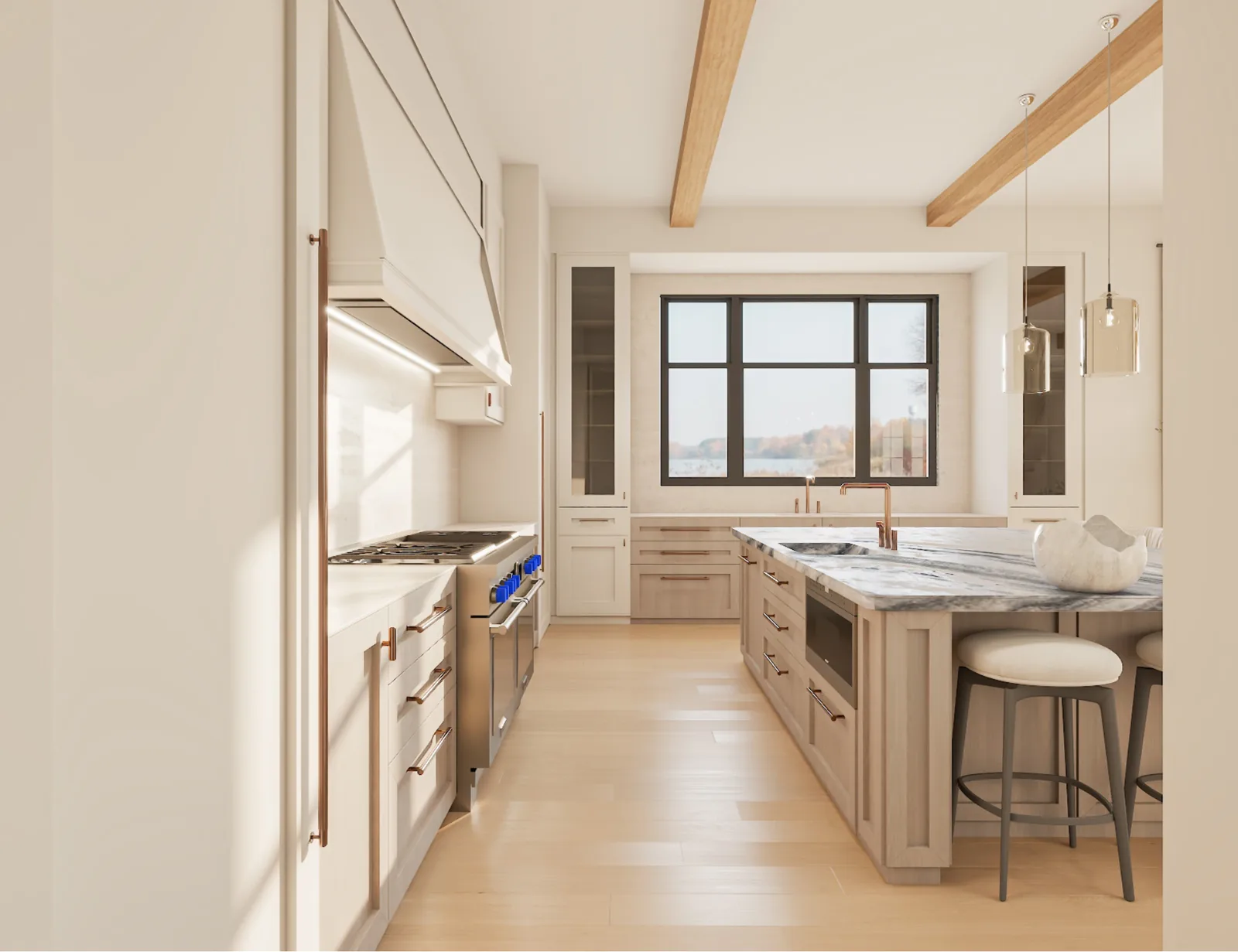 The same kitchen as a photoreal render: white oak, marble, brass, every material placed
