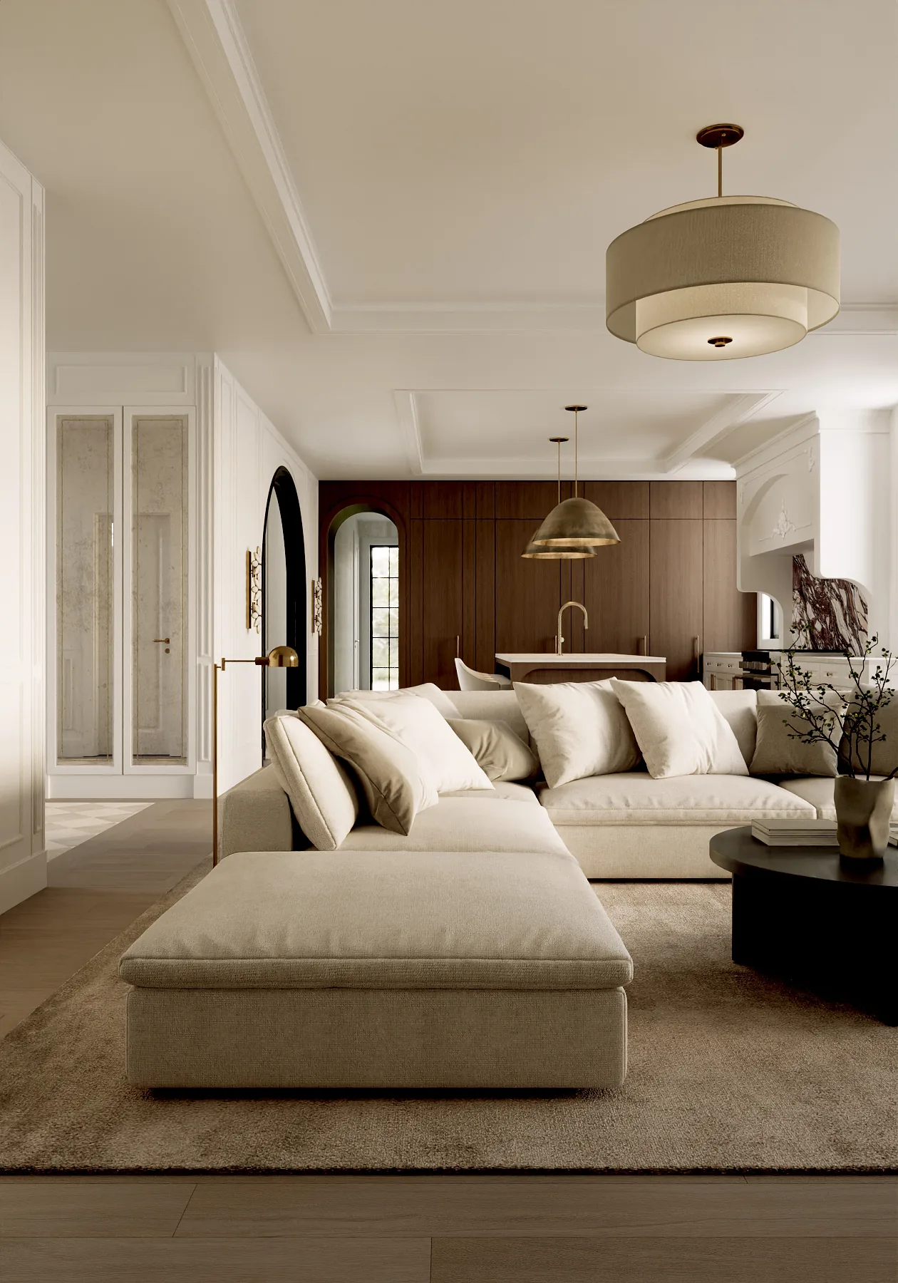 Living room render toward the steel window and the arched doorway