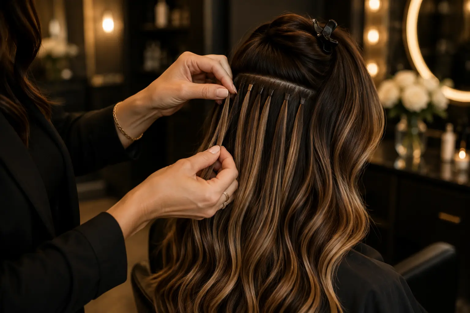 Professional hair extension installation at Liz Hair Extensions