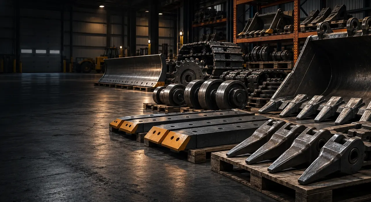 Heavy-equipment wear parts including bucket teeth, grader blades, and undercarriage rollers