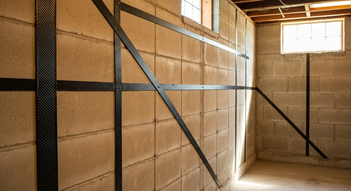 Carbon fiber straps reinforcing bowing basement wall