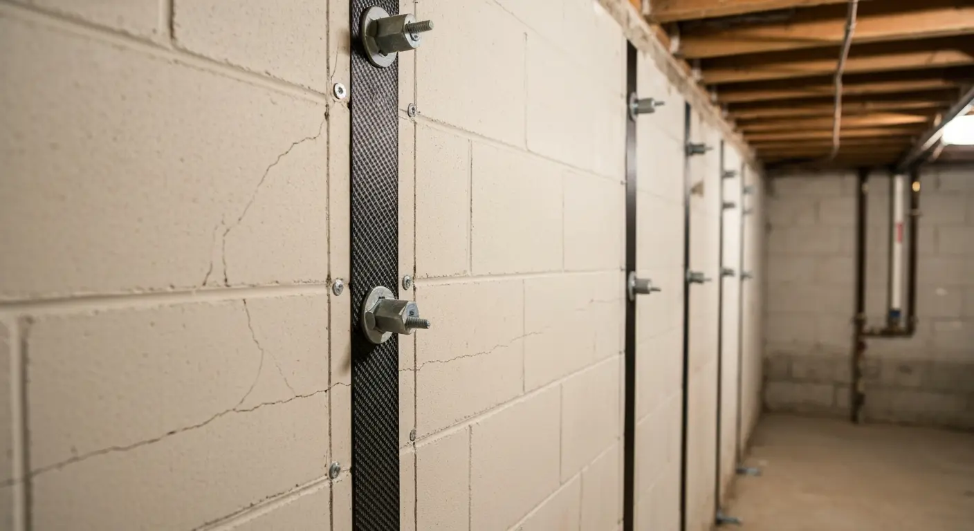 Wall anchor system with carbon fiber straps for severe bowing