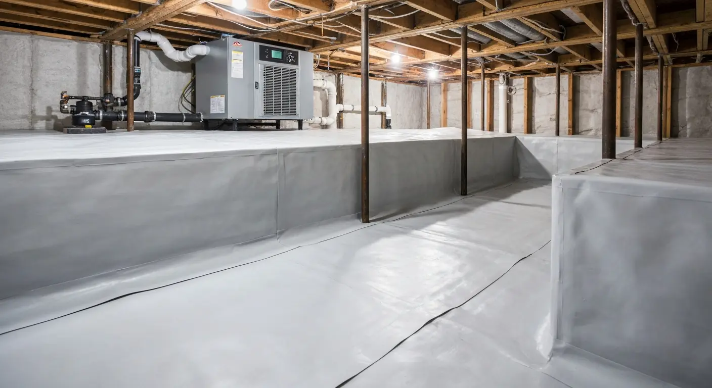 Crawl space encapsulation with vapor barrier