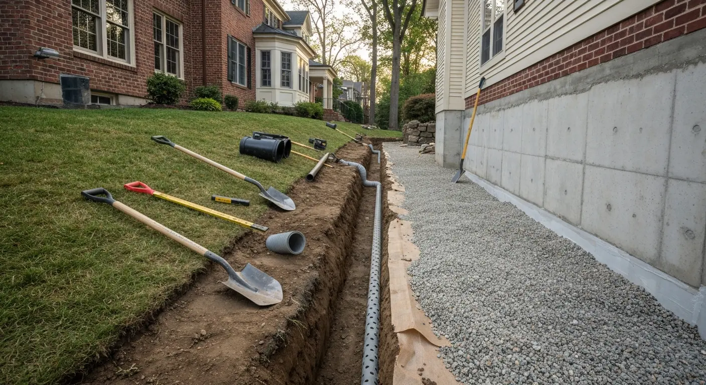 Exterior foundation waterproofing and French drain in Upper St Clair