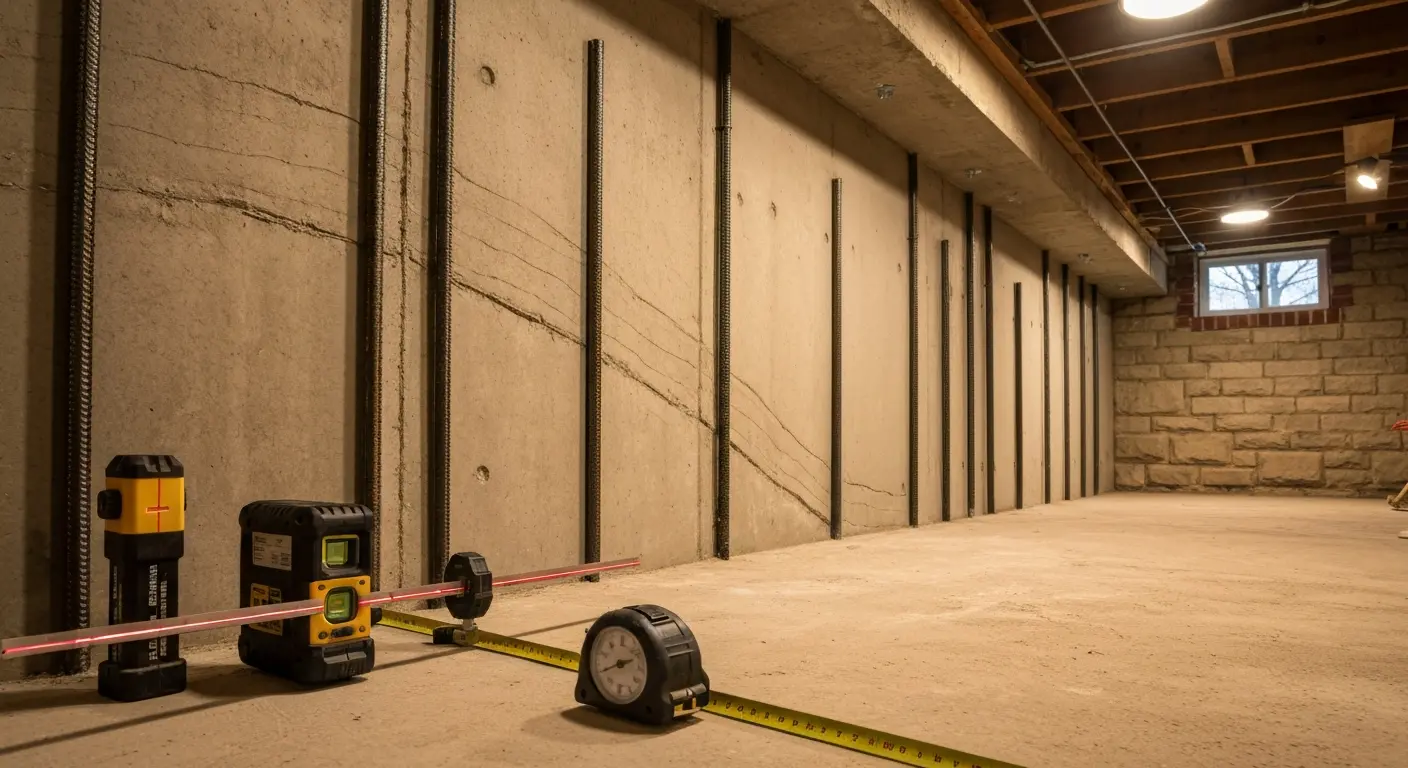Bowing basement wall stabilized with professional repair