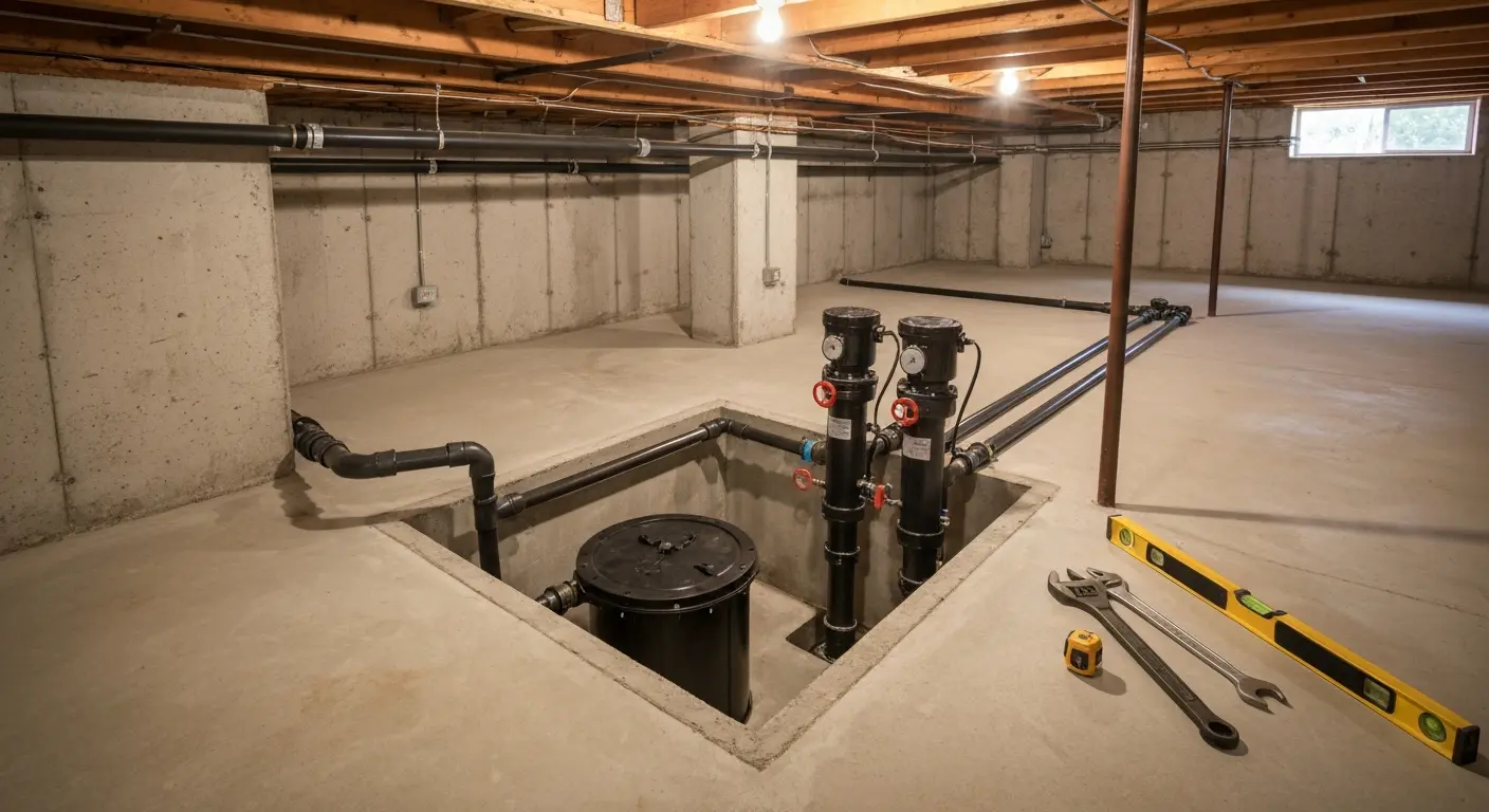 Sump pump installation in basement