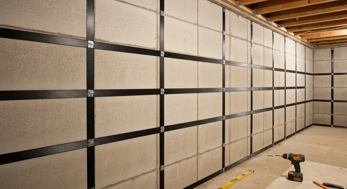 Carbon fiber straps reinforcing foundation walls from interior