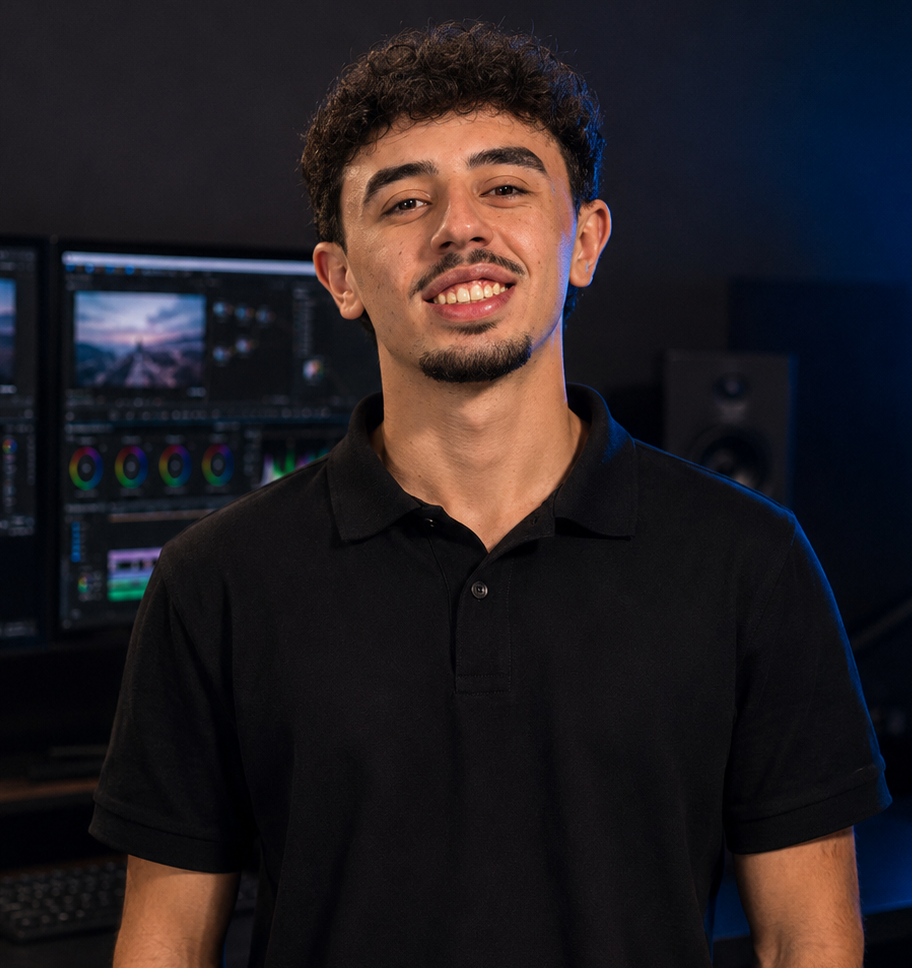 Retrato de Leonardo, editor de vídeo, sorrindo de moletom