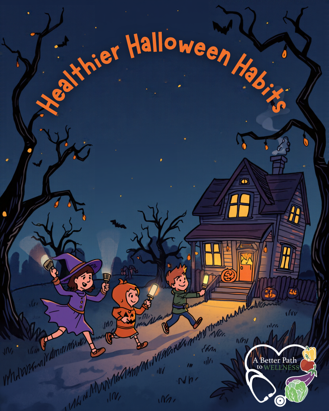 Healthier Halloween Habits illustration with kids trick or treating