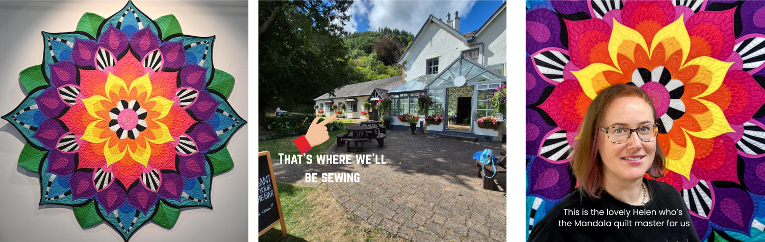 Helen Creasey in front of her  mandala quilt and Wild Pheasant hotel