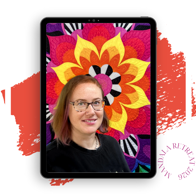 HelenCreasey in front of blooming mandala quilt 