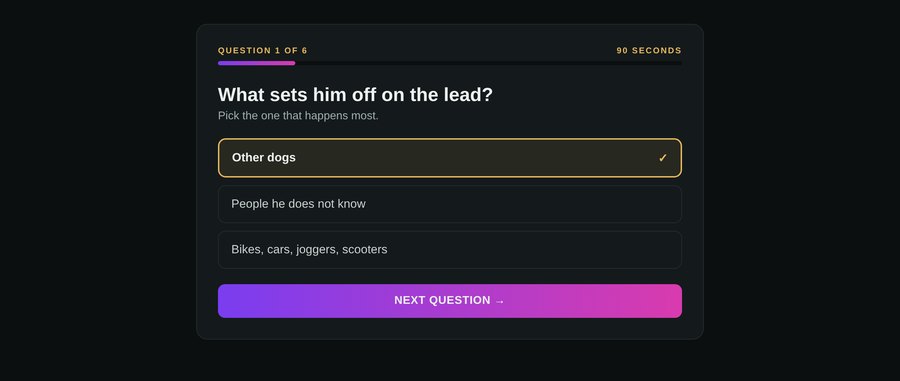 Question 1 of 6: what sets him off on the lead