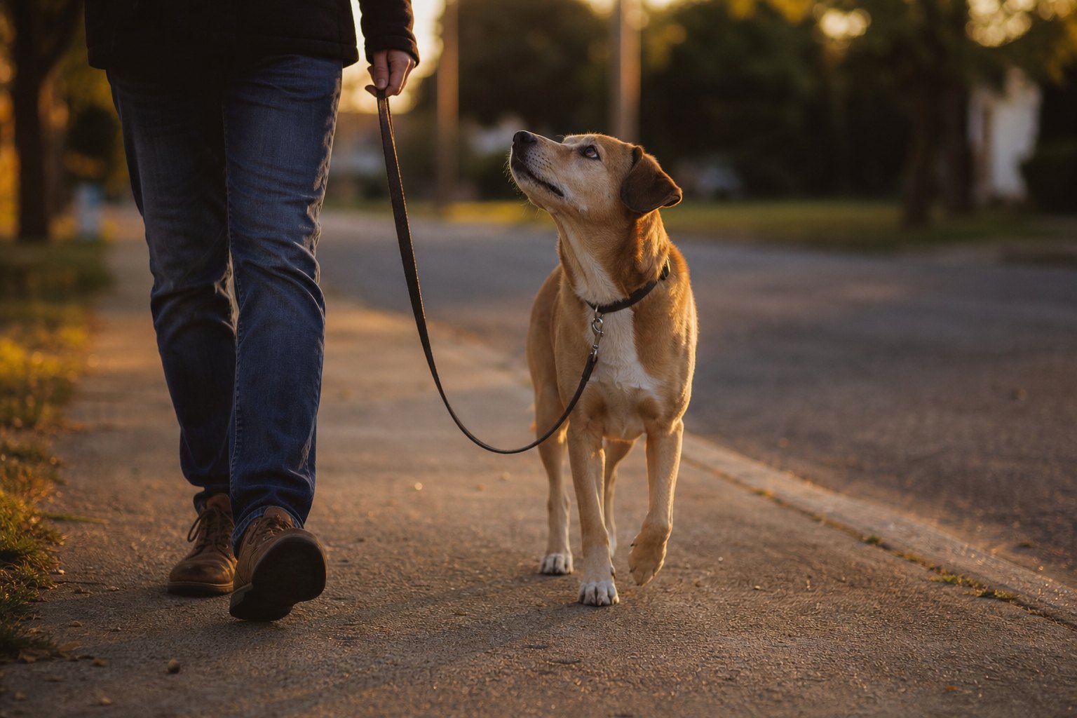 A dog walking beside its owner with the lead hanging in a loose U shape