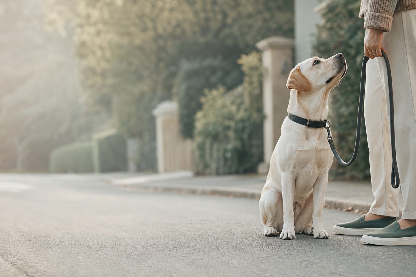 A calm dog sitting beside its owner with a loose lead