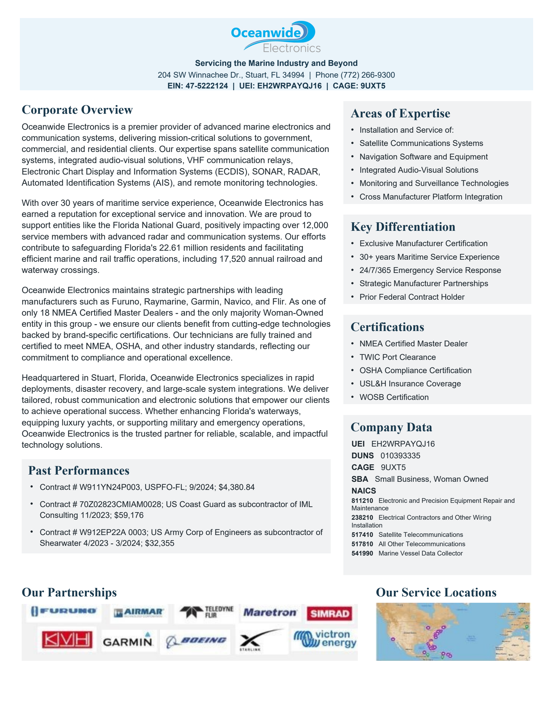 Oceanwide Electronics capability statement: corporate overview, expertise, certifications, company data, past performances, partnerships and service locations.