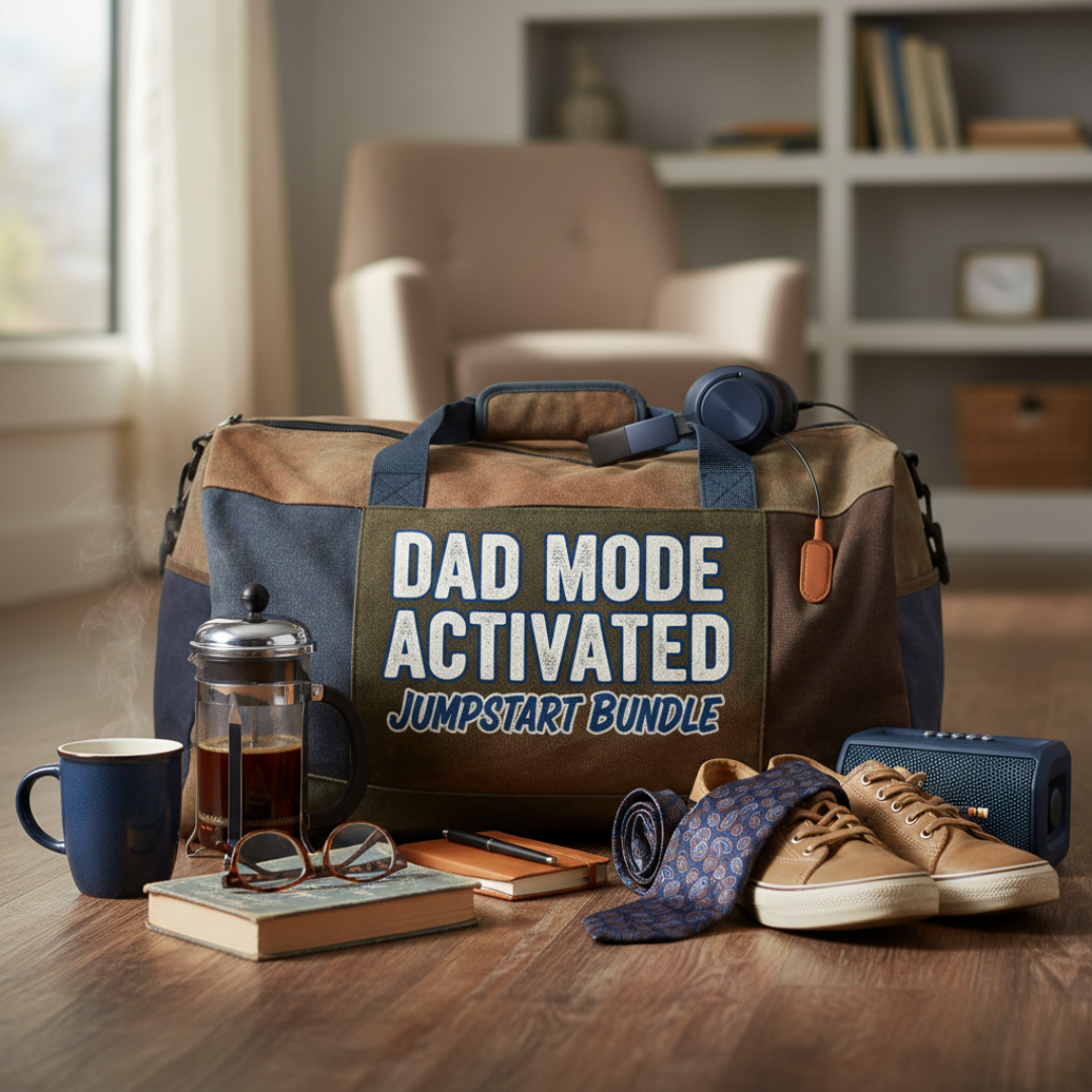 Digital tablet showing the Dad Mode Activated Journal cover beside a pencil—fatherhood mindset challenge tool.