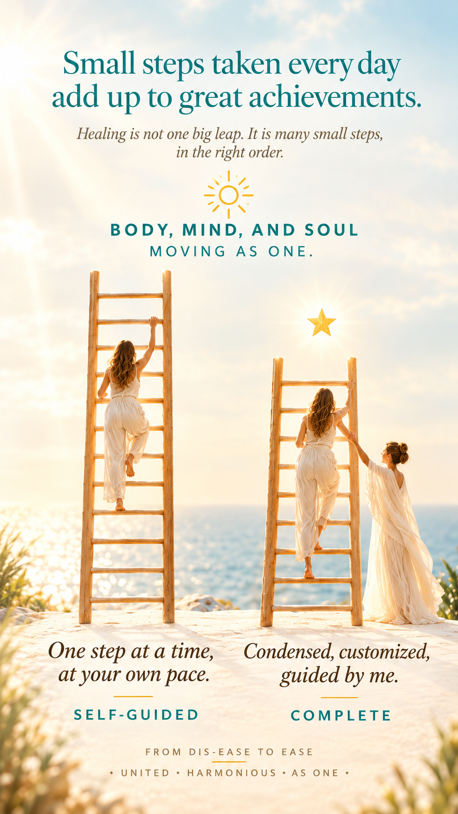 Two women climbing ladders by the sea: one climbing alone at her own pace, one guided by Elena