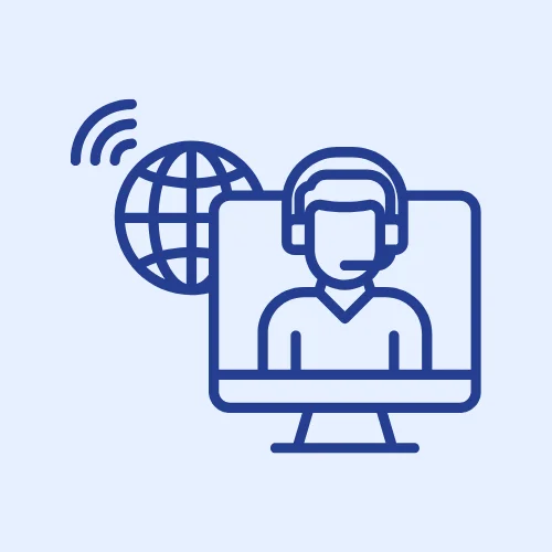 Illustration of a customer support representative with a headset on a computer screen, symbolizing VoIP phone systems and modern communication solutions for businesses.
