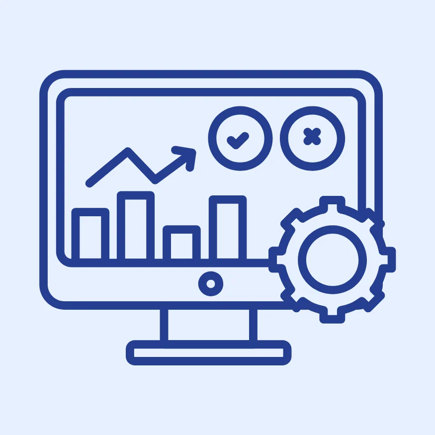 Computer screen displaying data analytics with graphs, checkmarks, and gear icon, representing AI-driven data insights for public and private sectors.