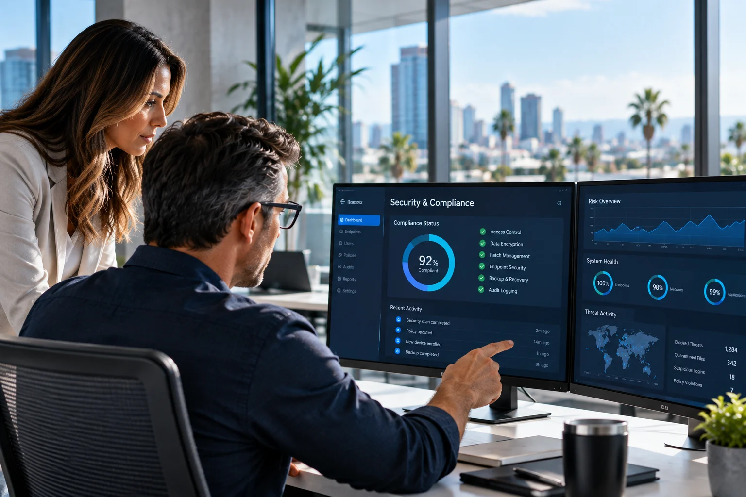 IT and operations leader reviewing a security compliance dashboard with an executive in a modern Southern California office