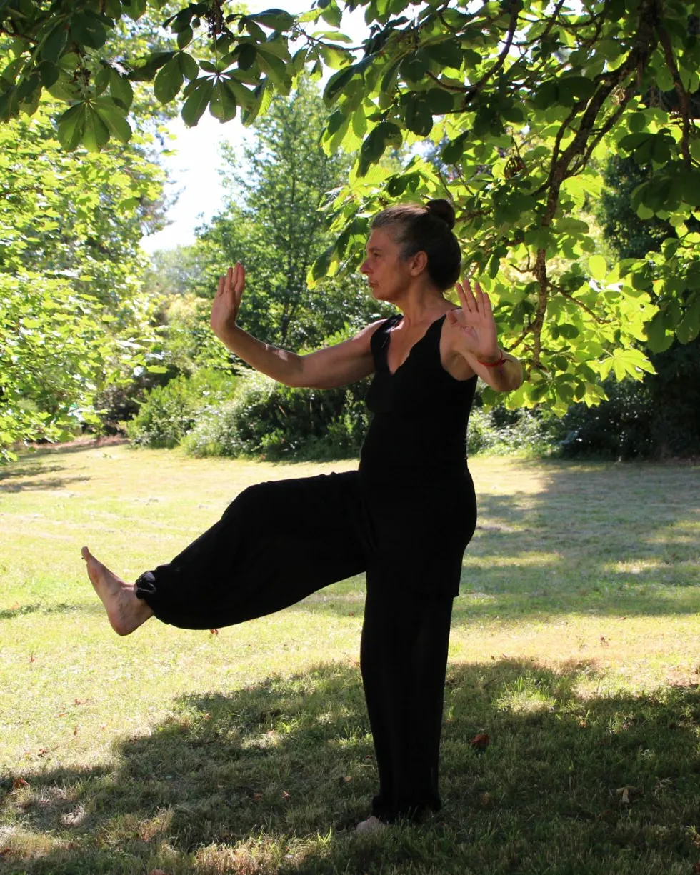 Active woman doing yoga outdoors — vitality and movement with Restored