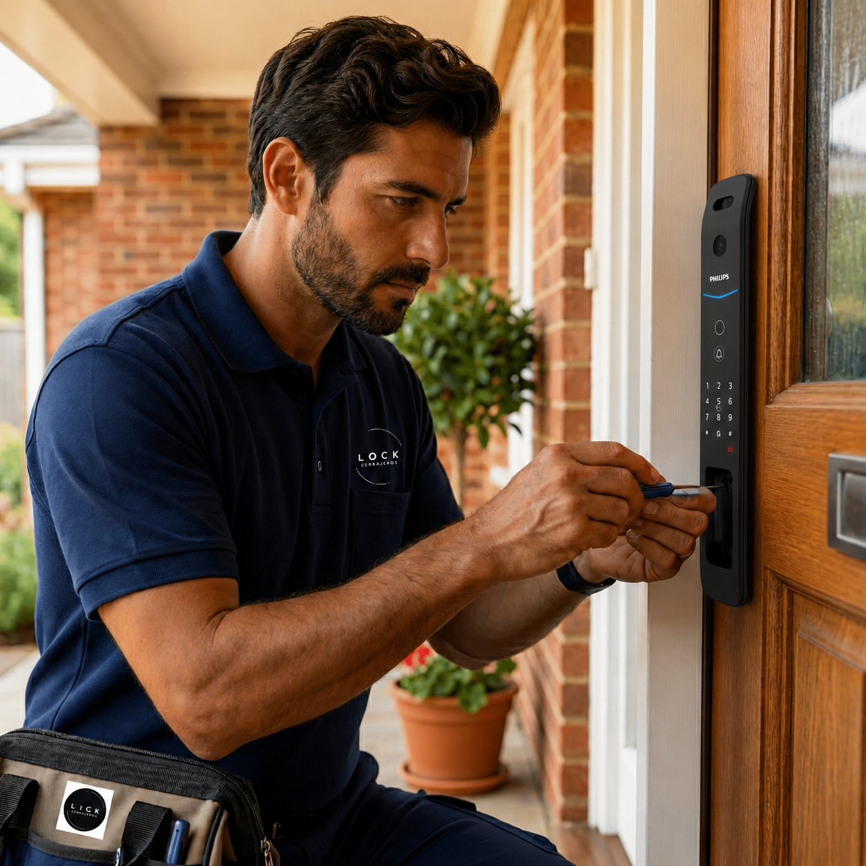 Cerradura Philips push-pull con facial en puerta de casa