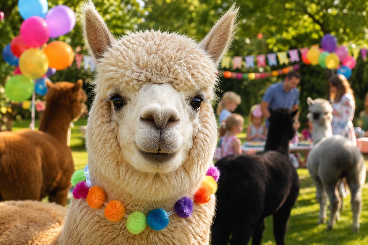 An alpaca at a birthday party