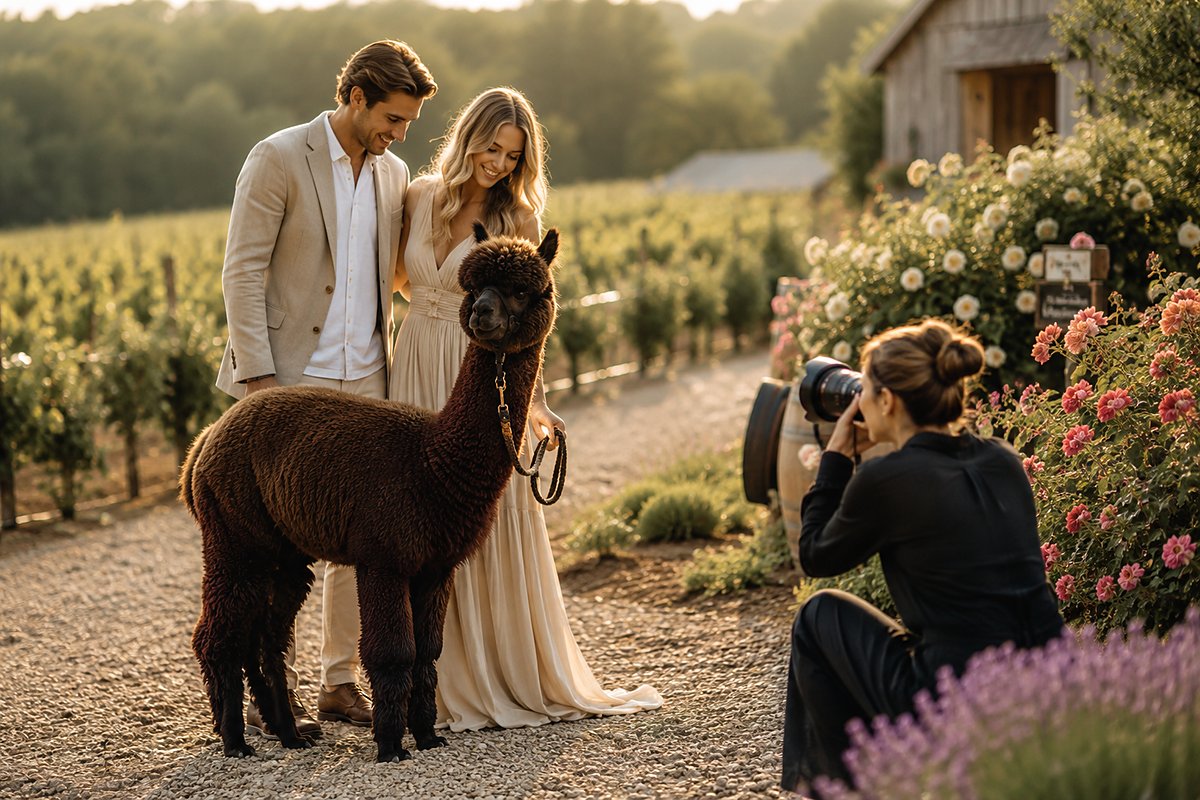An alpaca at a photoshoot