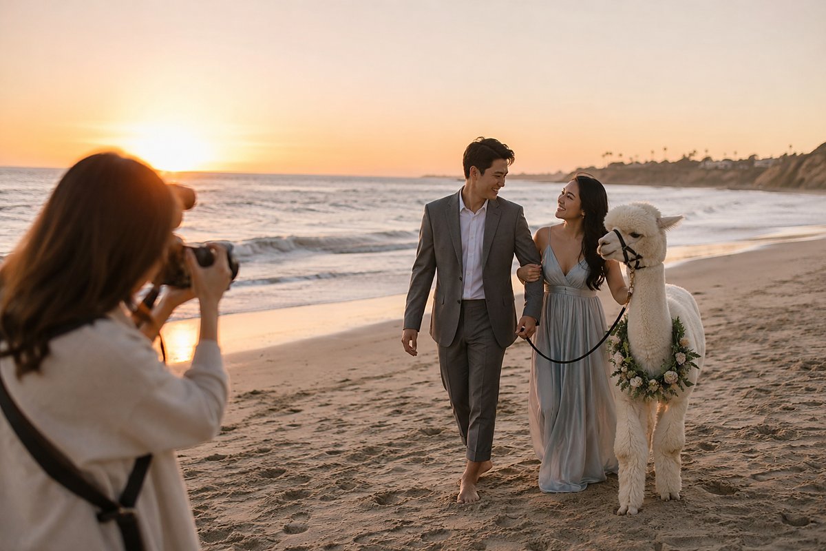 A couple's beach engagement session with an alpaca at sunset