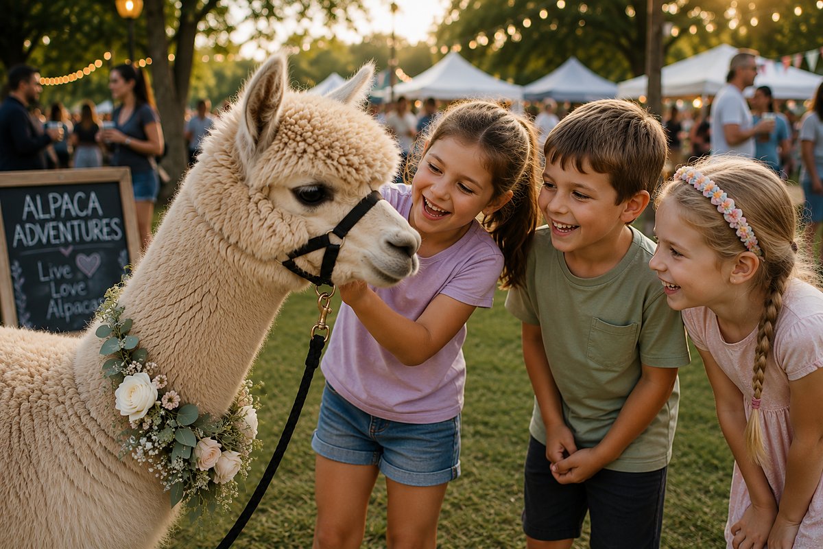 Kids meeting an alpaca at a party