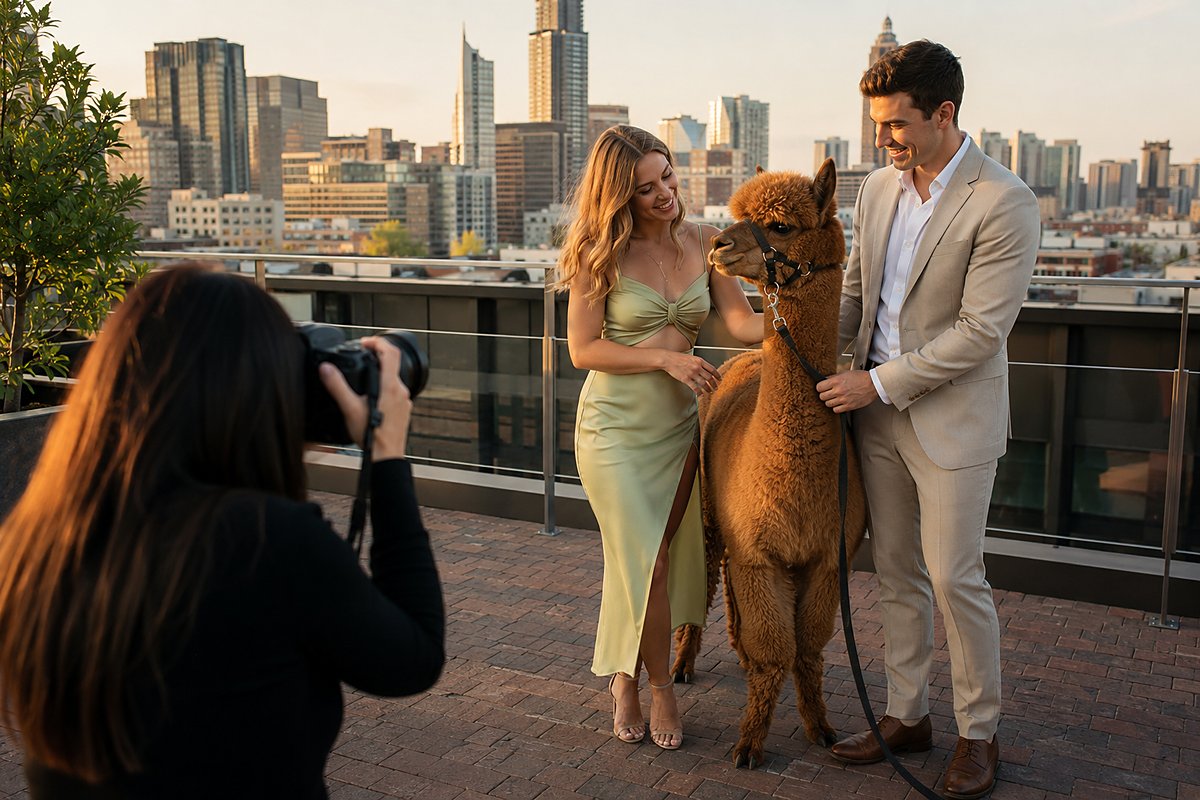 A family portrait session with an alpaca in a field