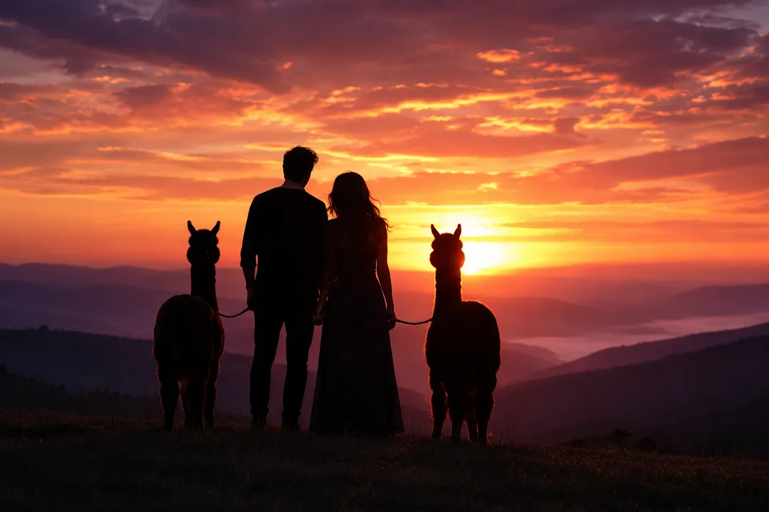 Alpacas at golden hour during a sunset experience at the Honey Lake ranch